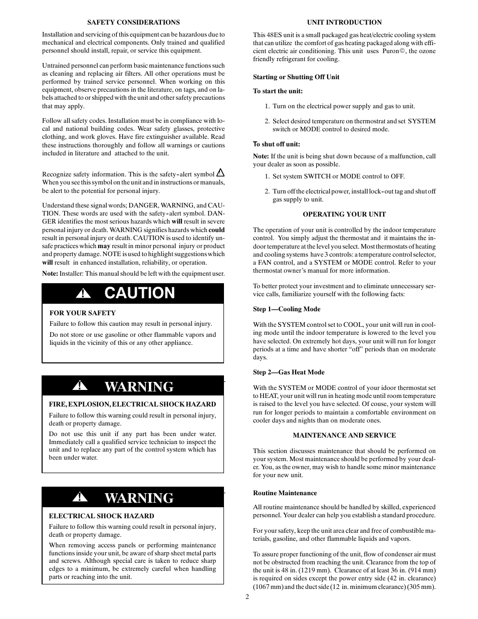 Caution, Warning | Carrier 48ES User Manual | Page 2 / 4