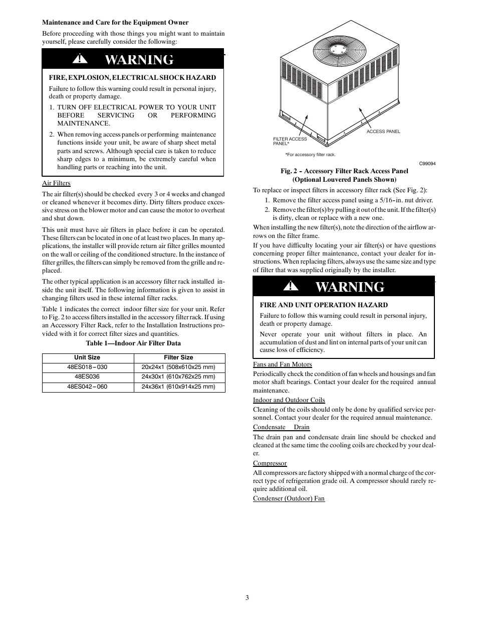 Warning | Carrier 48ES User Manual | Page 3 / 4