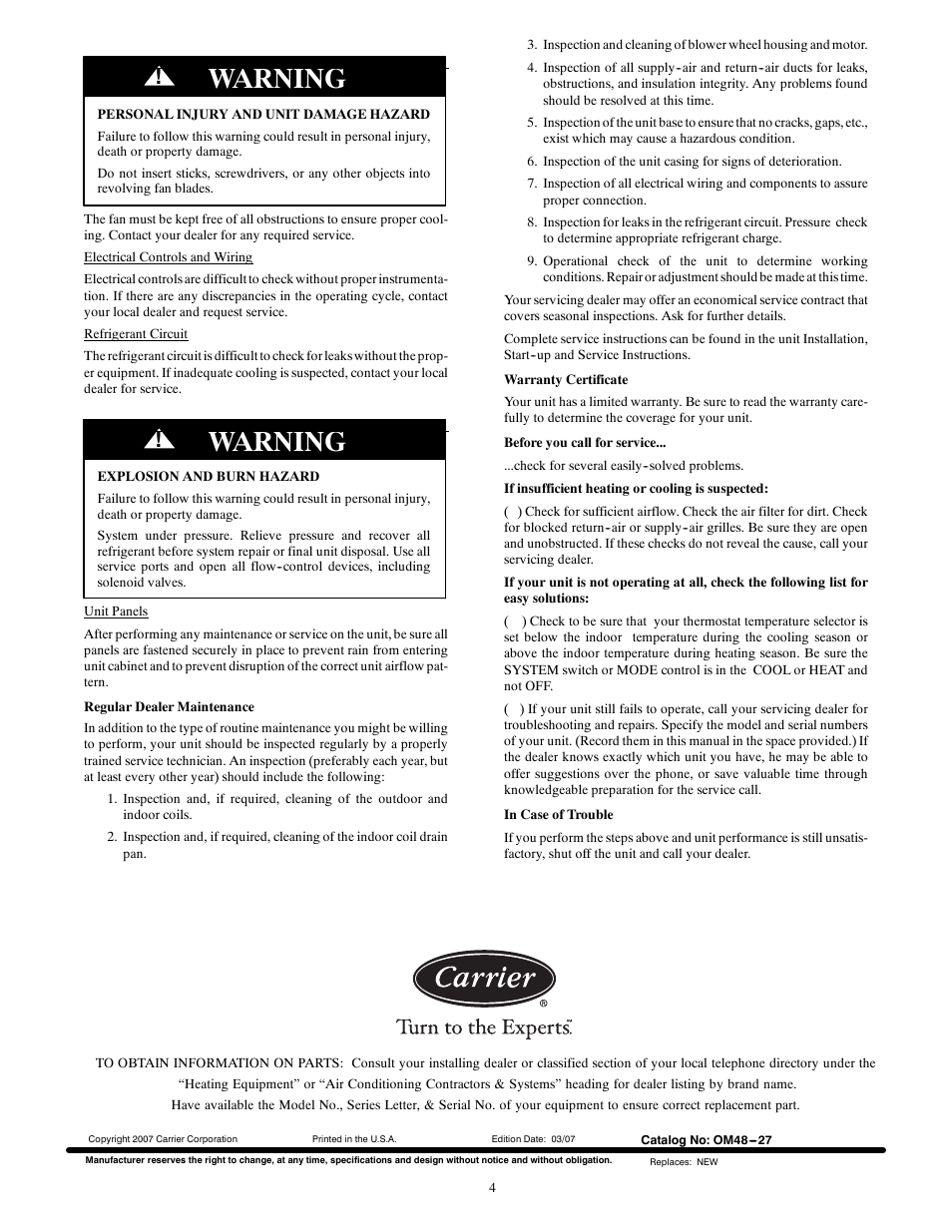 Warning | Carrier 48ES User Manual | Page 4 / 4