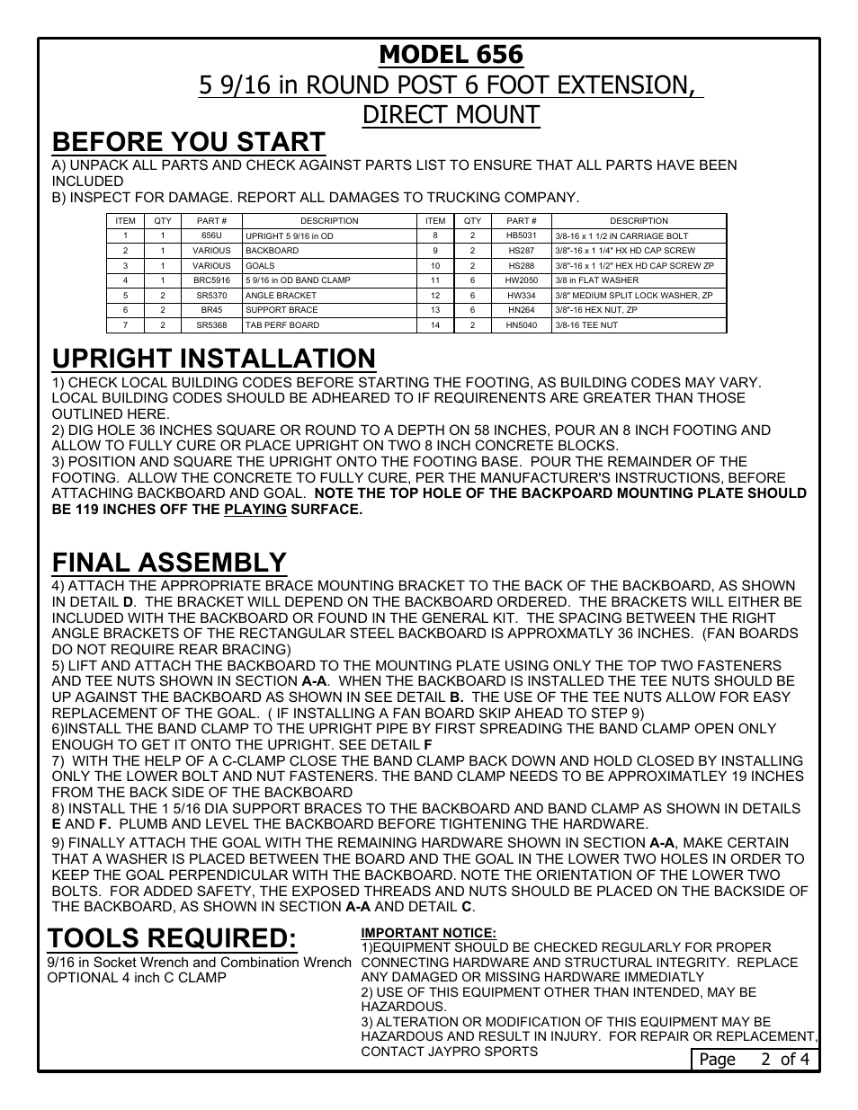 Tools required, Before you start, Upright installation | Final assembly, Page 2 of 4 | Jaypro Sports 656 User Manual | Page 2 / 4