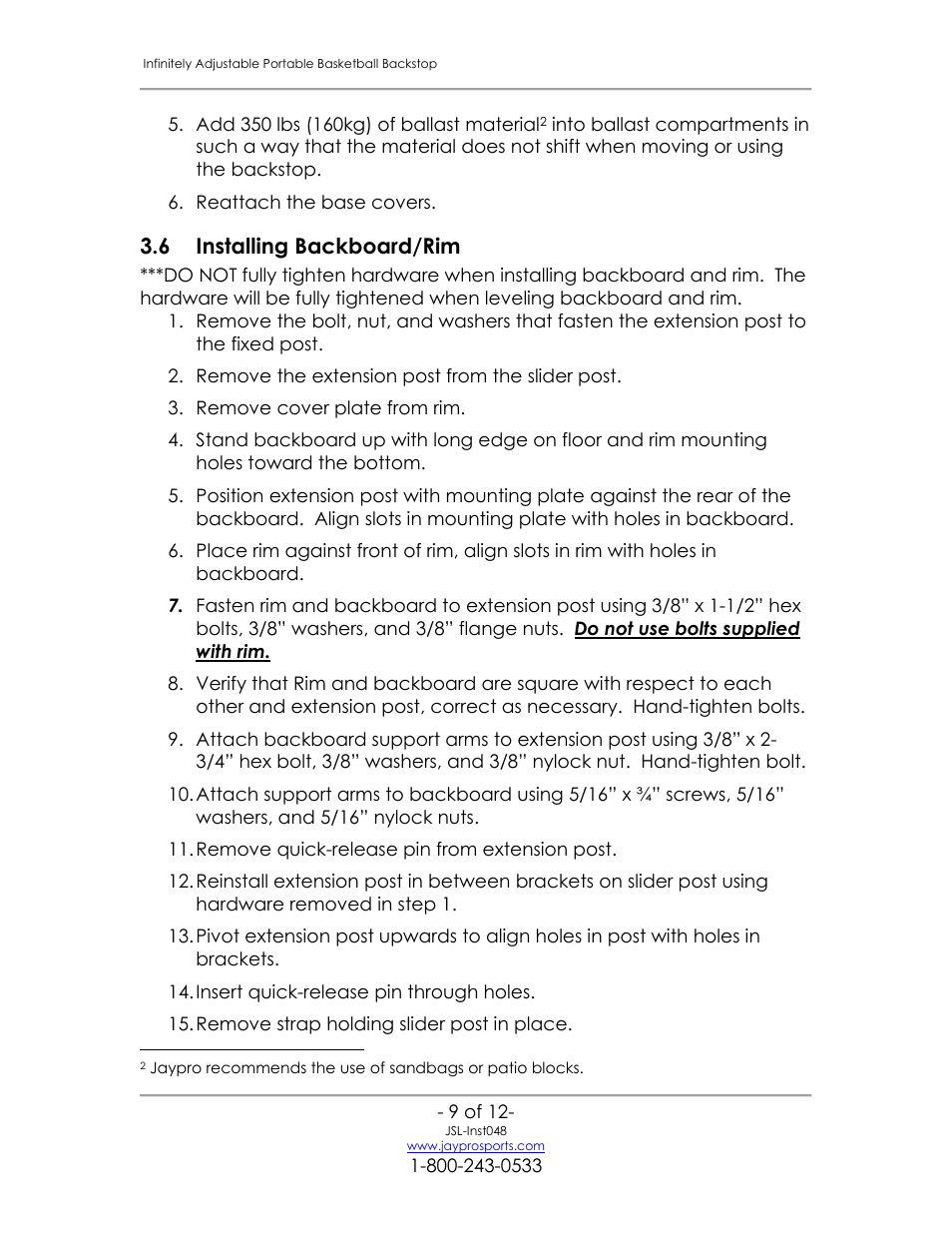 Installing backboard/rim, 6 installing backboard/rim | Jaypro Sports PBB-200 User Manual | Page 10 / 13