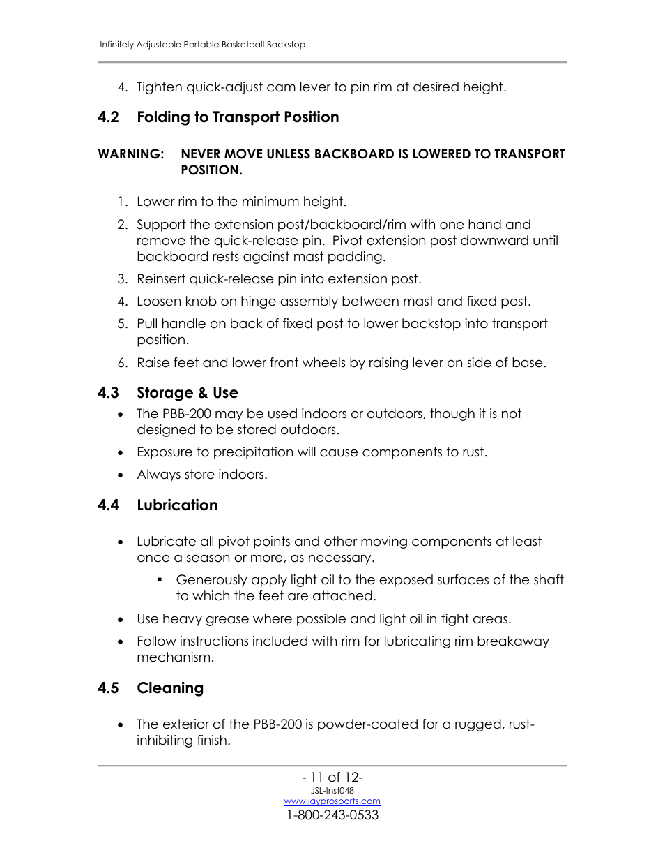 Folding to transport position, Lubrication, Cleaning | Jaypro Sports PBB-200 User Manual | Page 12 / 13