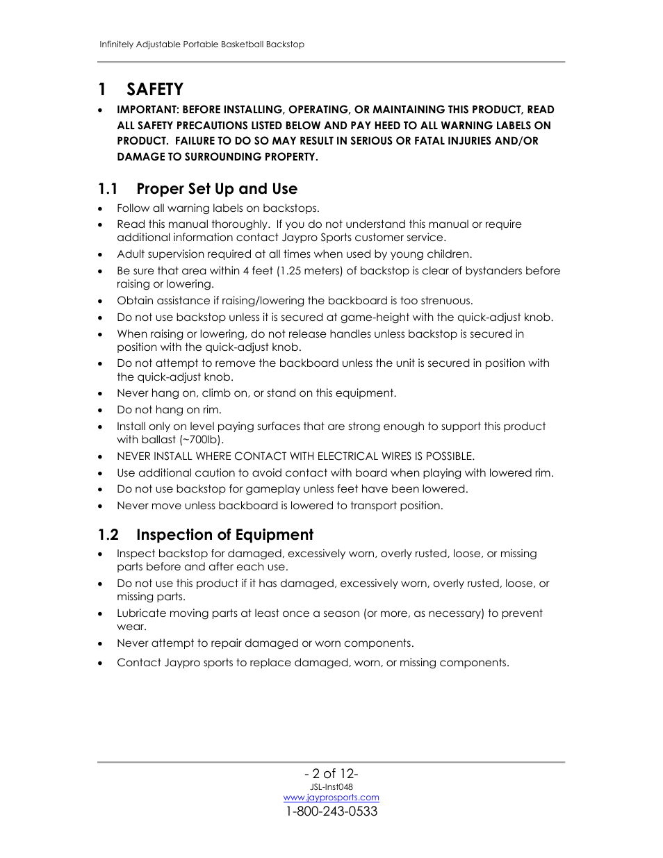 Safety, Proper set up and use, Inspection of equipment | 1 safety, 1 proper set up and use, 2 inspection of equipment | Jaypro Sports PBB-200 User Manual | Page 3 / 13