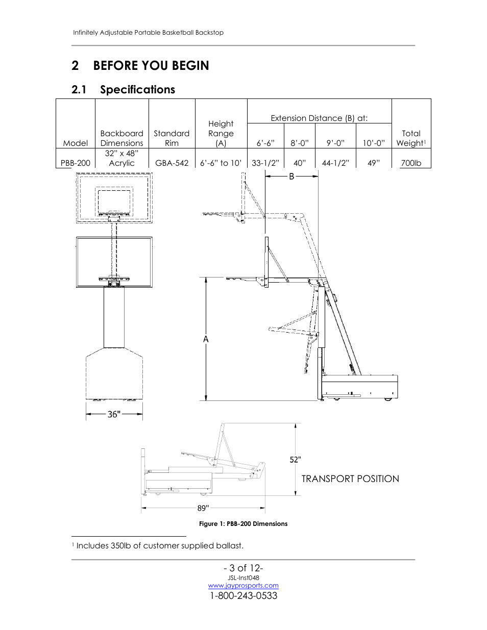 Before you begin, Specifications, 2 before you begin | 1 specifications | Jaypro Sports PBB-200 User Manual | Page 4 / 13