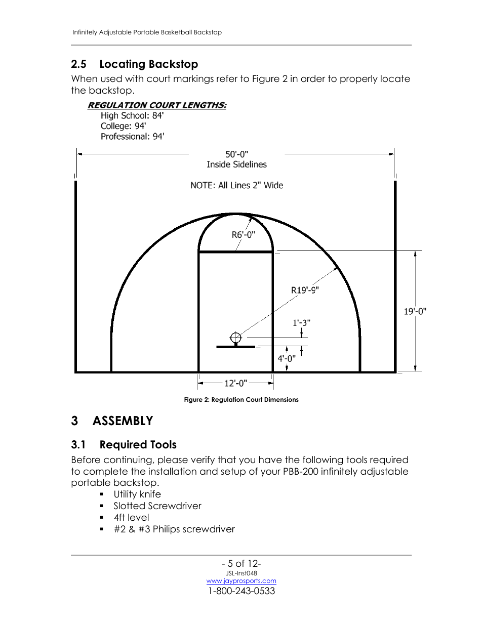 Locating backstop, Assembly, Required tools | 3 assembly, 5 locating backstop, 1 required tools | Jaypro Sports PBB-200 User Manual | Page 6 / 13