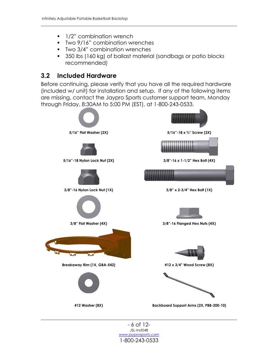 Included hardware & components, 2 included hardware | Jaypro Sports PBB-200 User Manual | Page 7 / 13