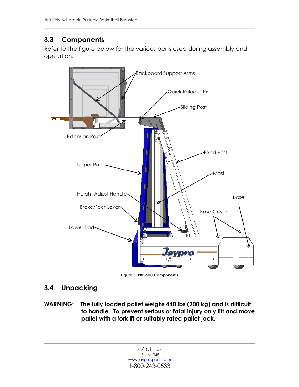 Unpacking, 3 components, 4 unpacking | Jaypro Sports PBB-200 User Manual | Page 8 / 13