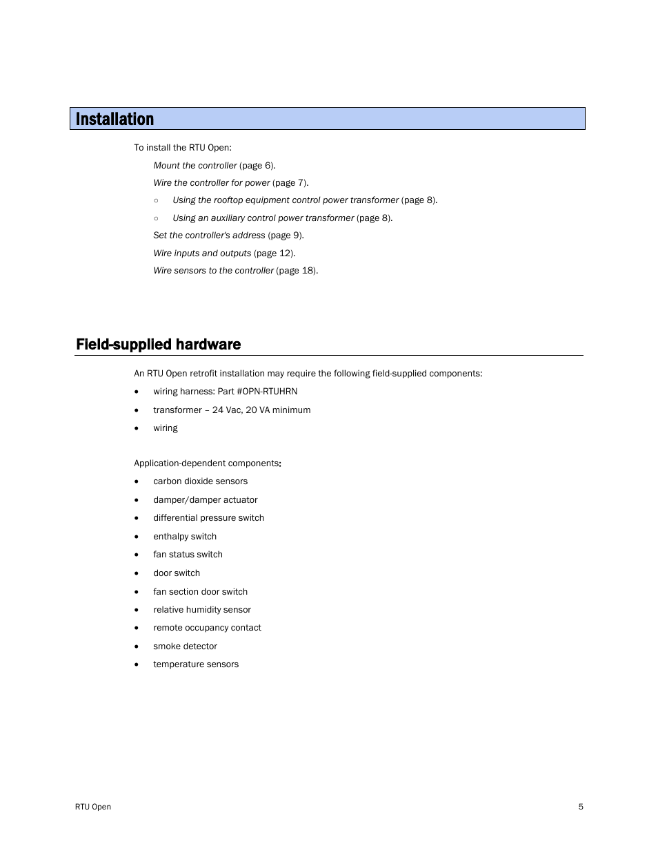 Installation, Field-supplied hardware | Carrier RTU OPEN 11-808-427-01 User Manual | Page 11 / 88