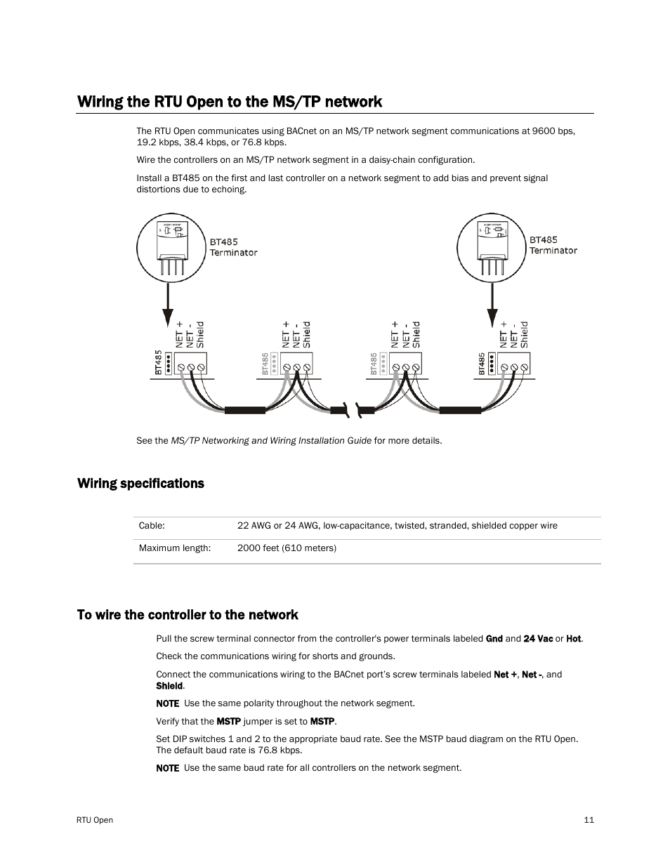 Wiring the rtu open to the ms/tp network, Wiring specifications, To wire the controller to the network | Carrier RTU OPEN 11-808-427-01 User Manual | Page 17 / 88
