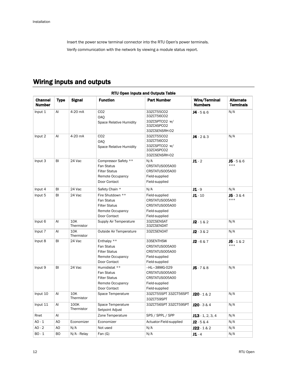 Wiring inputs and outputs, E 12) | Carrier RTU OPEN 11-808-427-01 User Manual | Page 18 / 88