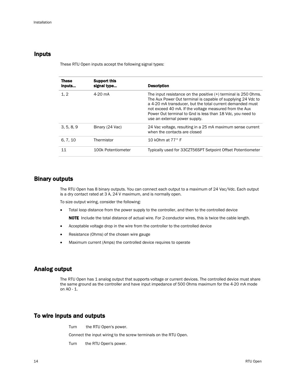 Inputs, Binary outputs, Analog output | To wire inputs and outputs | Carrier RTU OPEN 11-808-427-01 User Manual | Page 20 / 88