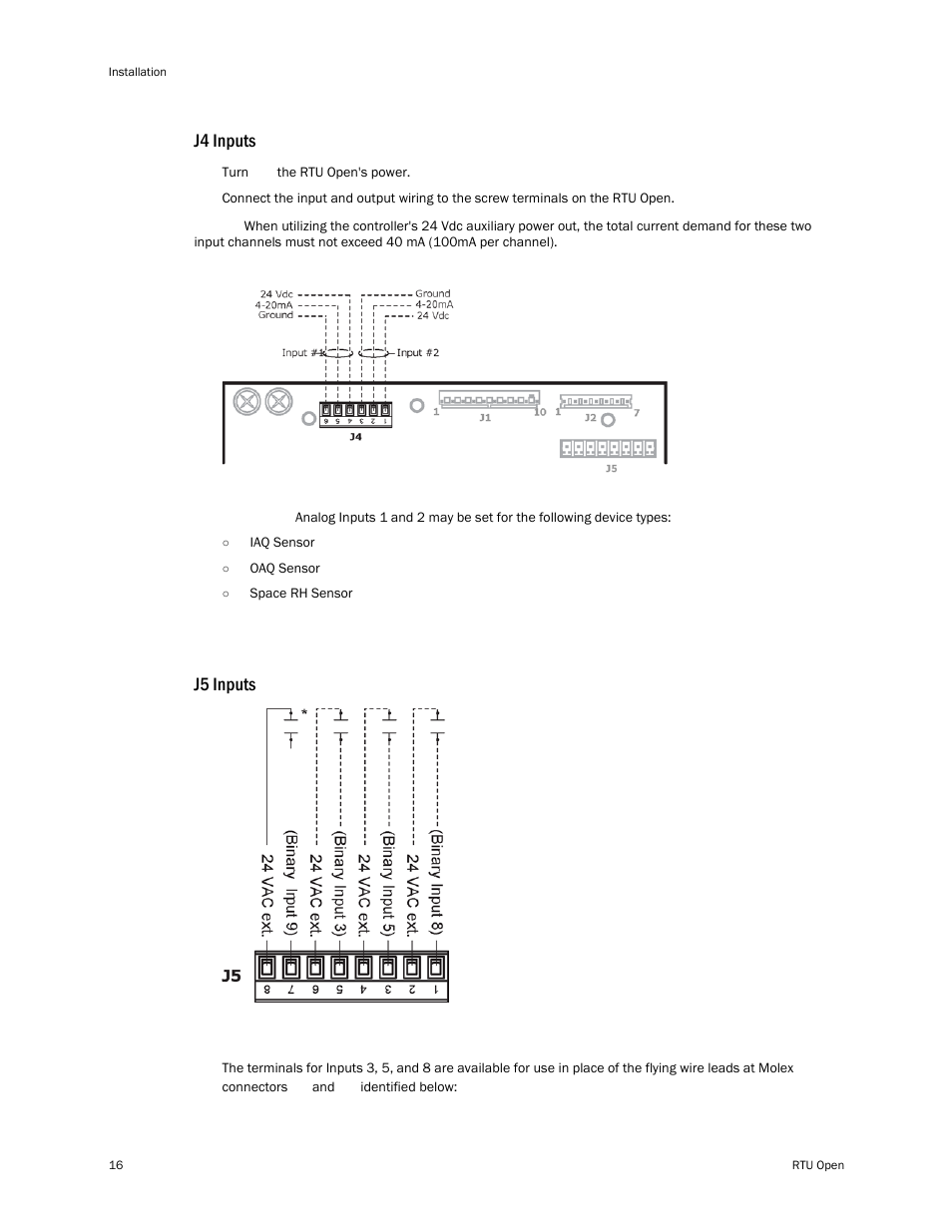 J4 inputs, J5 inputs | Carrier RTU OPEN 11-808-427-01 User Manual | Page 22 / 88