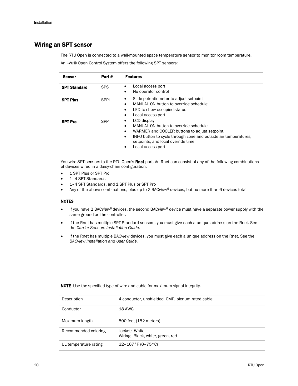 Wiring an spt sensor, Rnet wiring specifications, E 20) | Carrier RTU OPEN 11-808-427-01 User Manual | Page 26 / 88