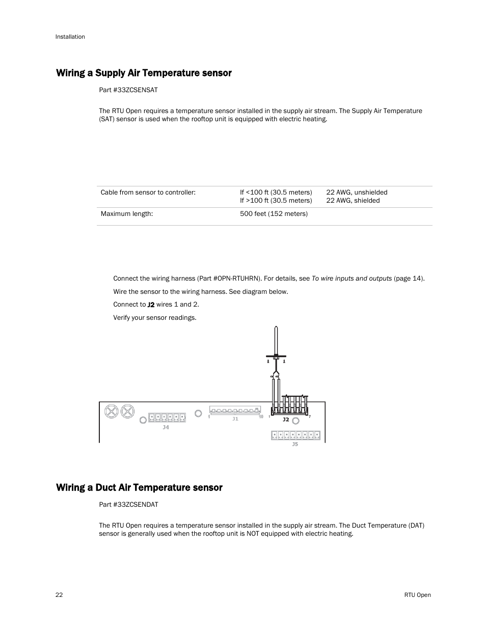 Wiring a supply air temperature sensor, Wiring specifications, To wire the sat sensor to the controller | Wiring a duct air temperature sensor, E 22) | Carrier RTU OPEN 11-808-427-01 User Manual | Page 28 / 88