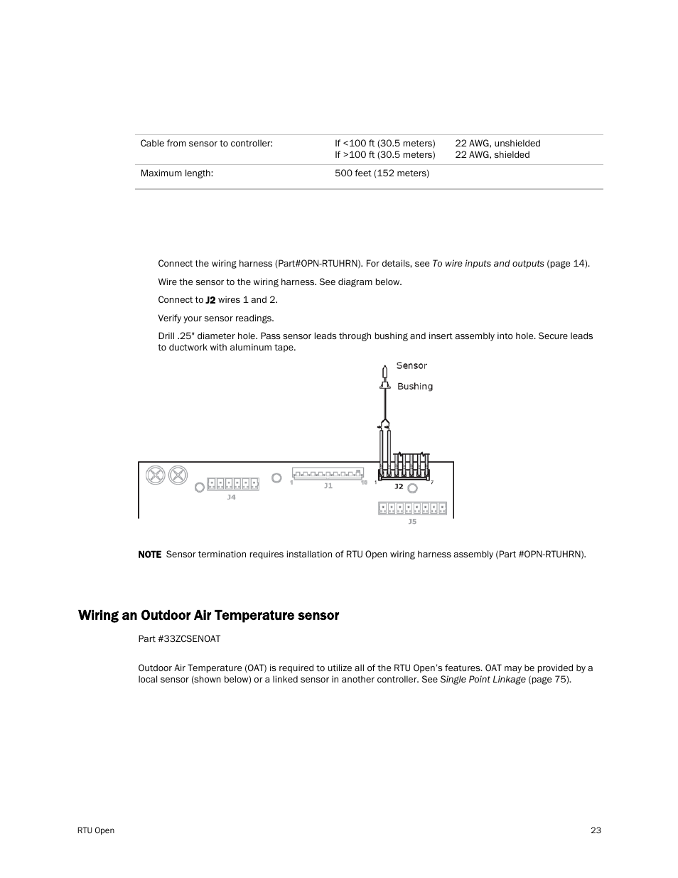 Wiring specifications, To wire a duct sensor to the controller, Wiring an outdoor air temperature sensor | E 23) | Carrier RTU OPEN 11-808-427-01 User Manual | Page 29 / 88