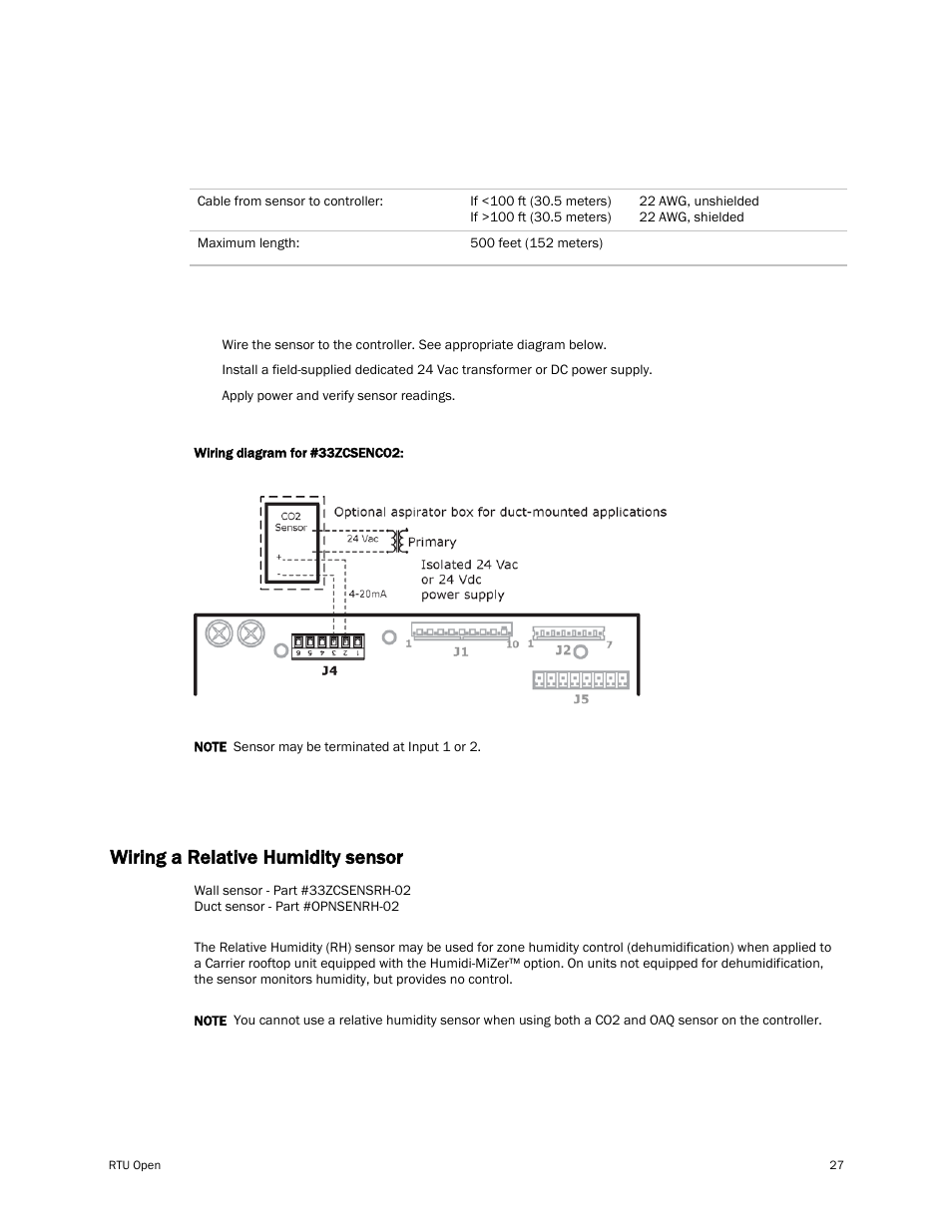 Wiring specifications, To wire the oaq sensor to the controller, Wiring a relative humidity sensor | E 27) | Carrier RTU OPEN 11-808-427-01 User Manual | Page 33 / 88
