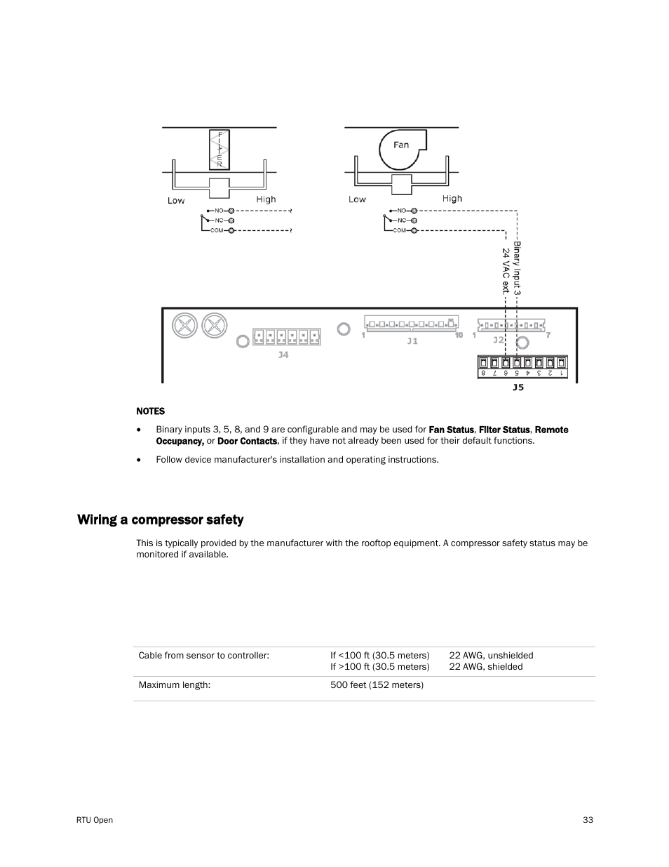 To wire a status switch to the controller, Wiring a compressor safety, Wiring specifications | Carrier RTU OPEN 11-808-427-01 User Manual | Page 39 / 88