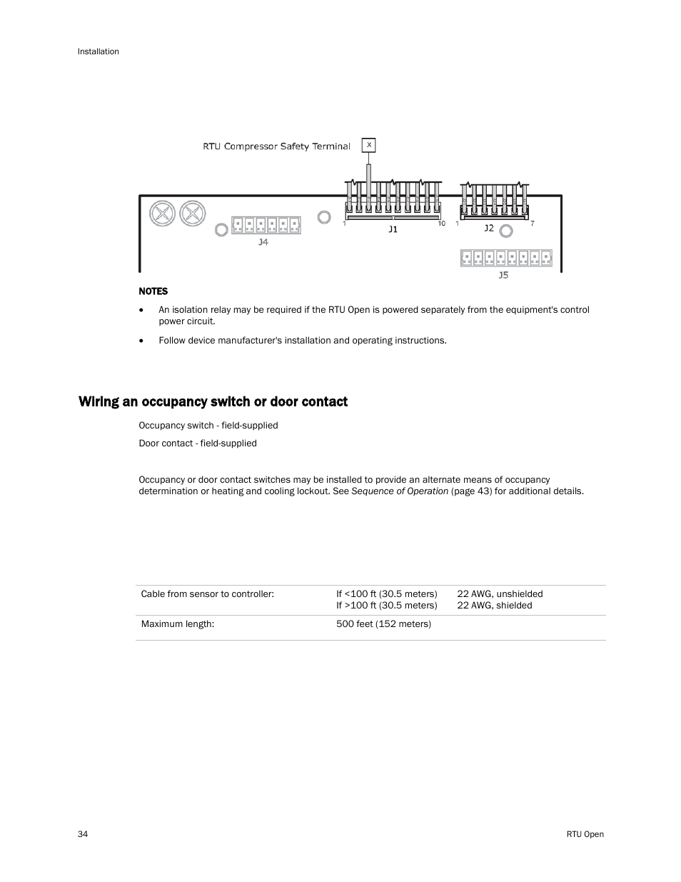 Wiring an occupancy switch or door contact, Wiring specifications | Carrier RTU OPEN 11-808-427-01 User Manual | Page 40 / 88