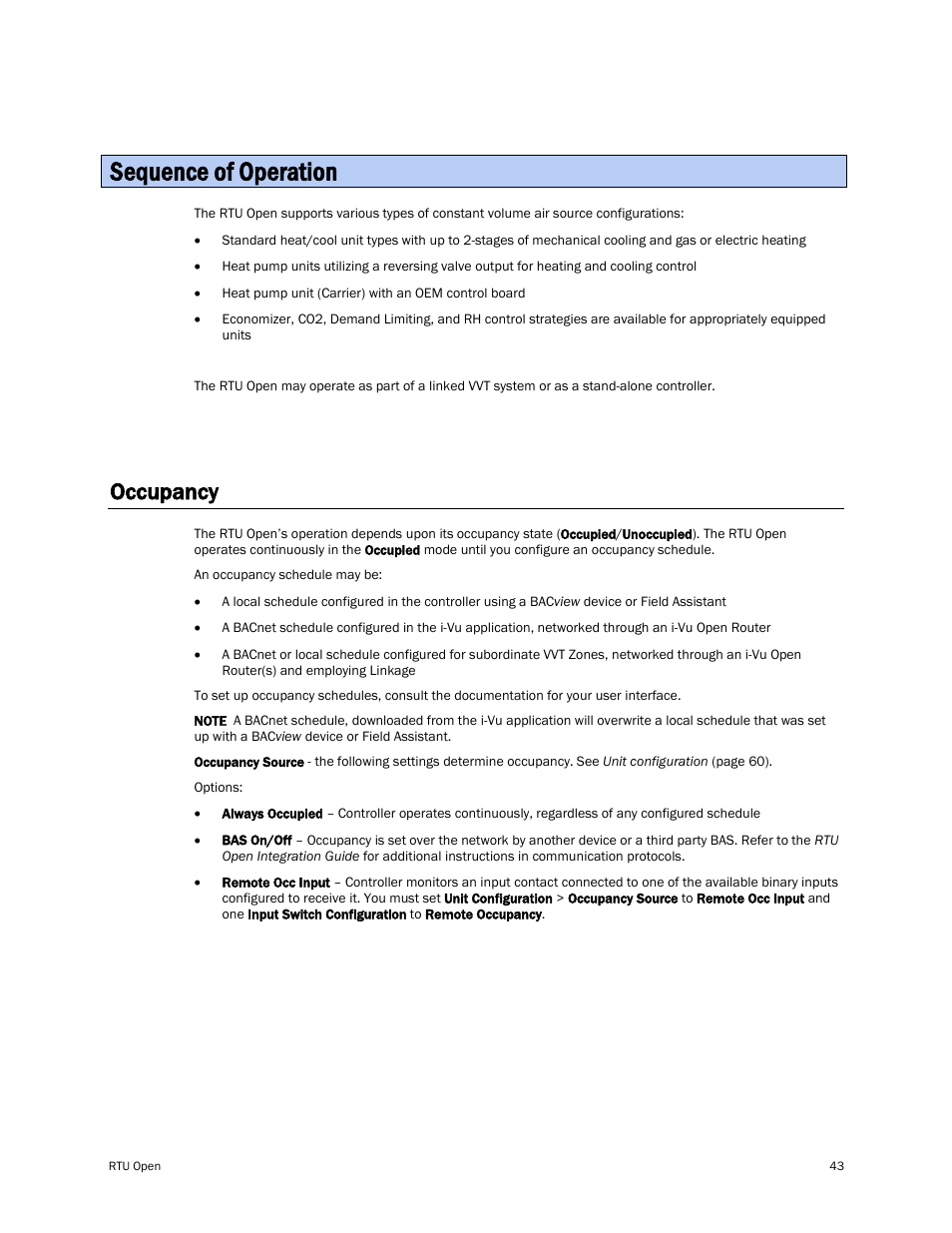 Sequence of operation, Occupancy | Carrier RTU OPEN 11-808-427-01 User Manual | Page 49 / 88