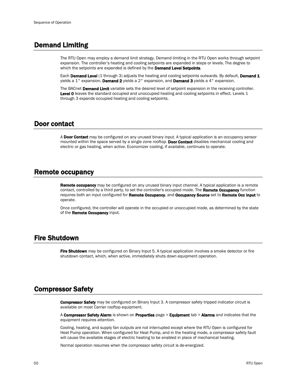 Demand limiting, Door contact, Remote occupancy | Fire shutdown, Compressor safety | Carrier RTU OPEN 11-808-427-01 User Manual | Page 56 / 88