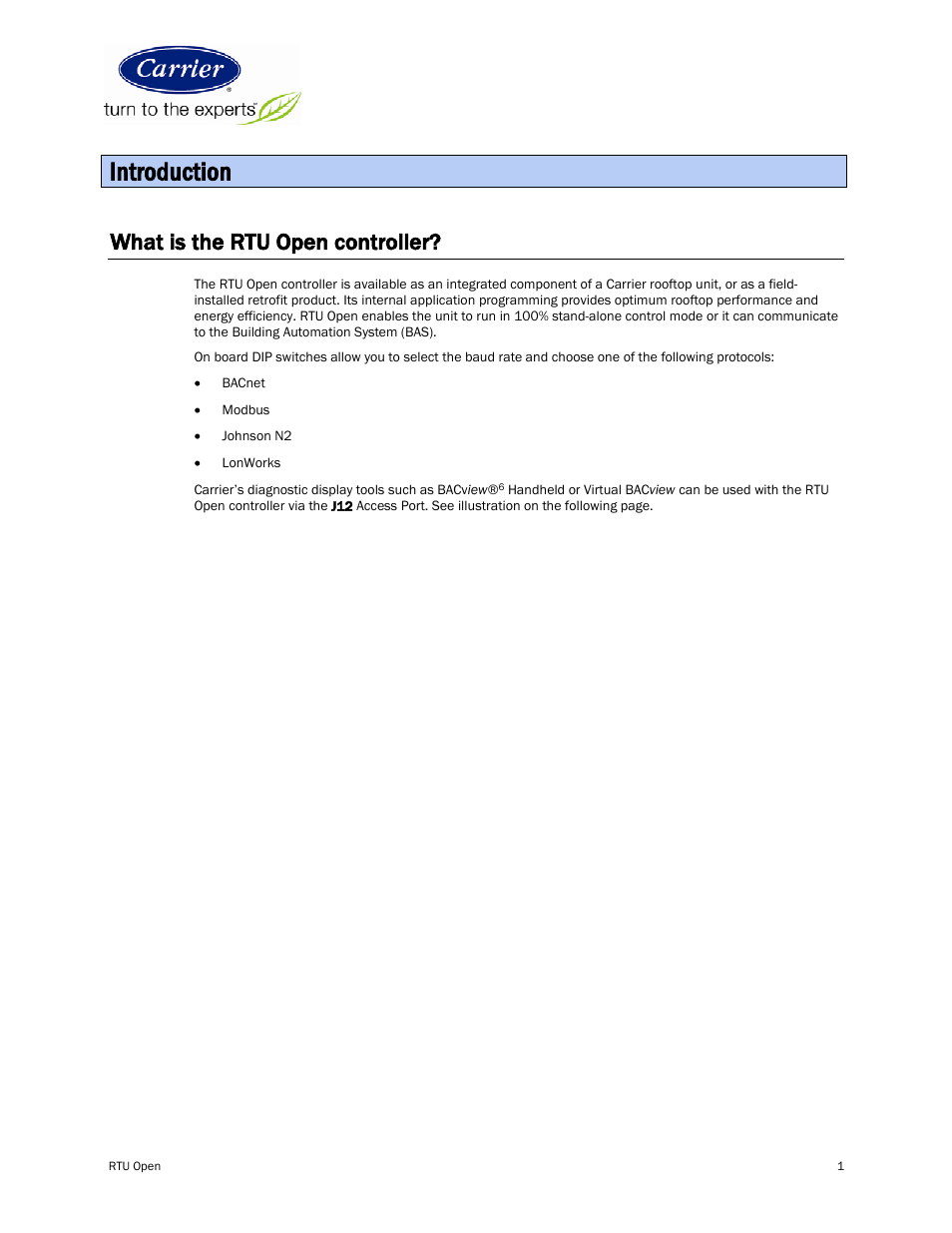 Introduction, What is the rtu open controller | Carrier RTU OPEN 11-808-427-01 User Manual | Page 7 / 88