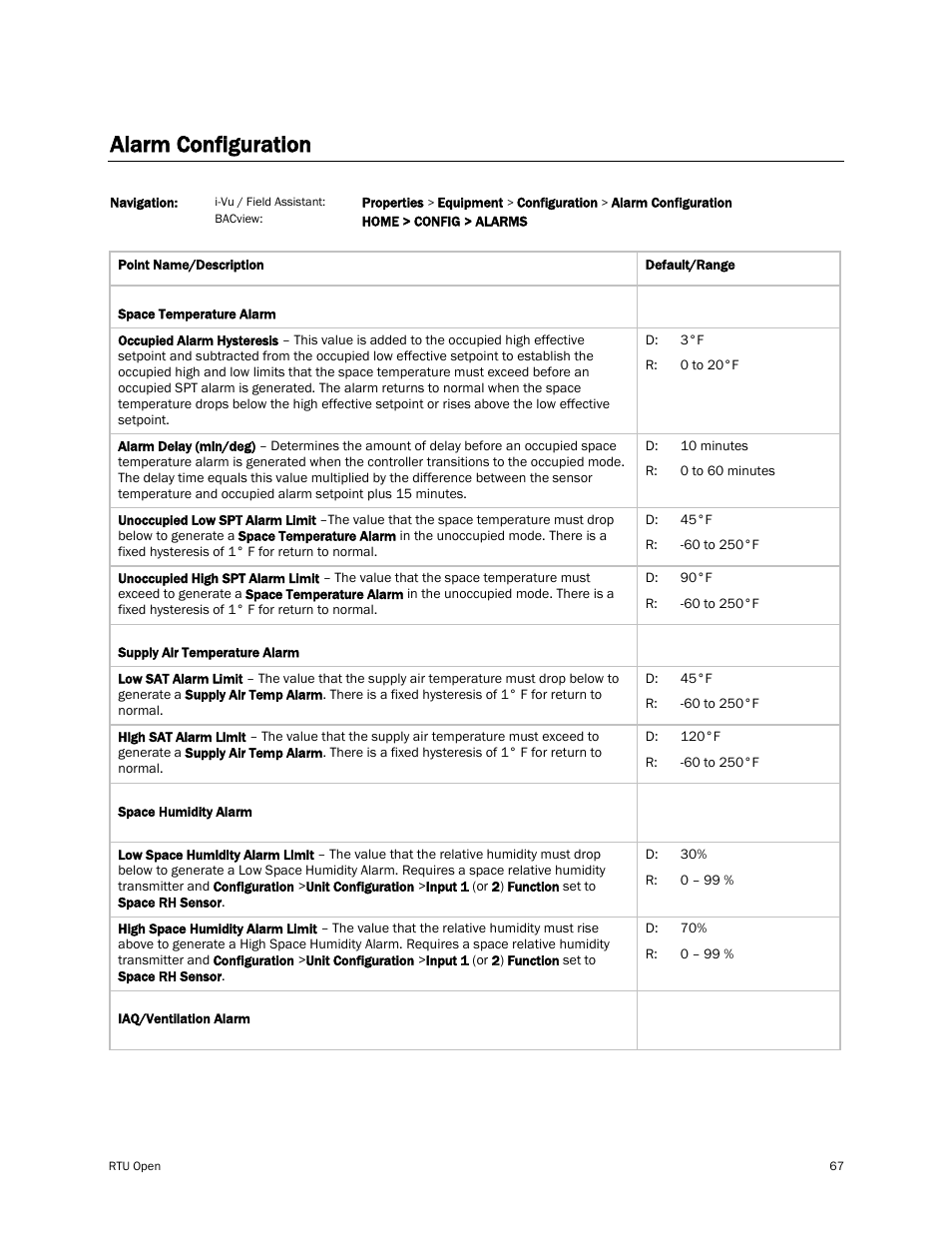 Alarm configuration | Carrier RTU OPEN 11-808-427-01 User Manual | Page 73 / 88