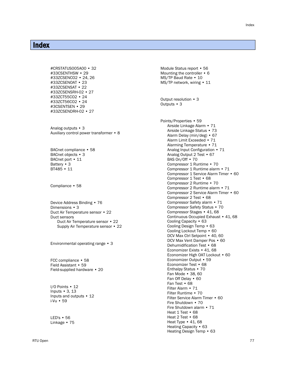 Index | Carrier RTU OPEN 11-808-427-01 User Manual | Page 83 / 88