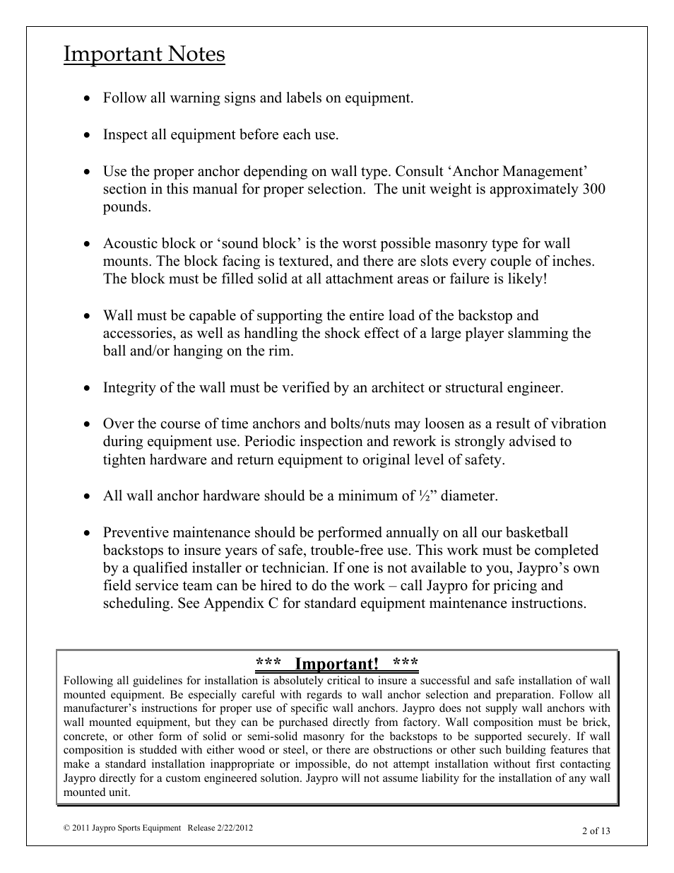 Important | Jaypro Sports WMSS User Manual | Page 2 / 13