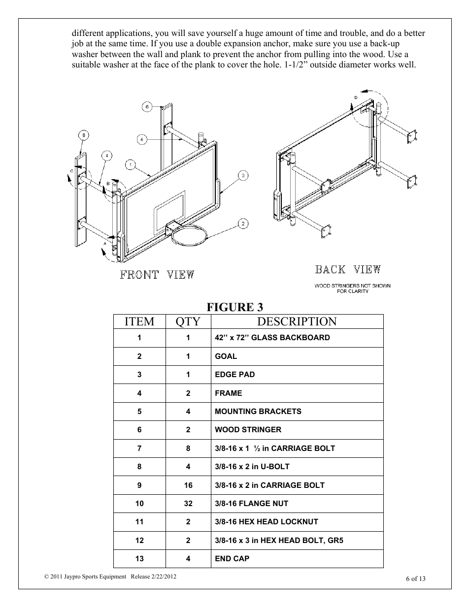 Figure 3 item qty description | Jaypro Sports WMSS User Manual | Page 6 / 13