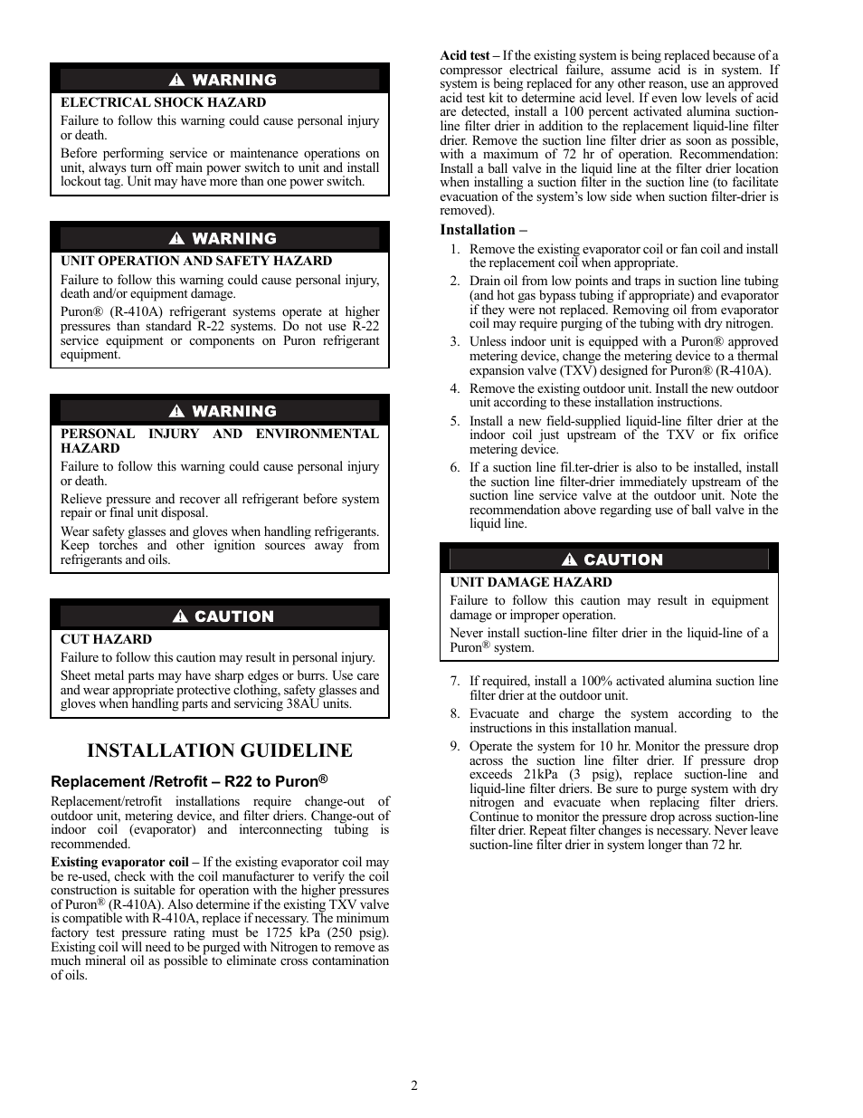 Installation guideline | Carrier 38AU User Manual | Page 2 / 40