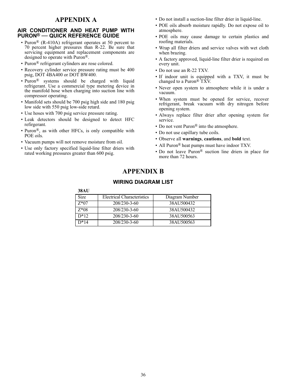 Appendix a, Appendix b | Carrier 38AU User Manual | Page 36 / 40