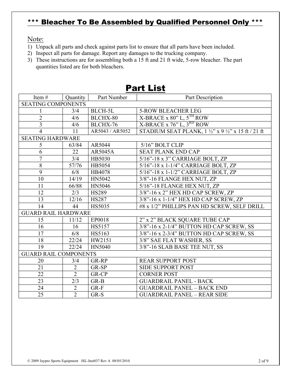 Part list | Jaypro Sports BLCH-521GR User Manual | Page 2 / 9