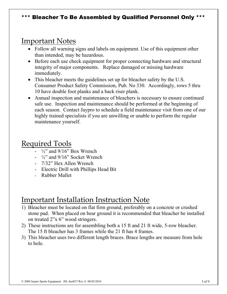 Required tools | Jaypro Sports BLCH-521GR User Manual | Page 3 / 9