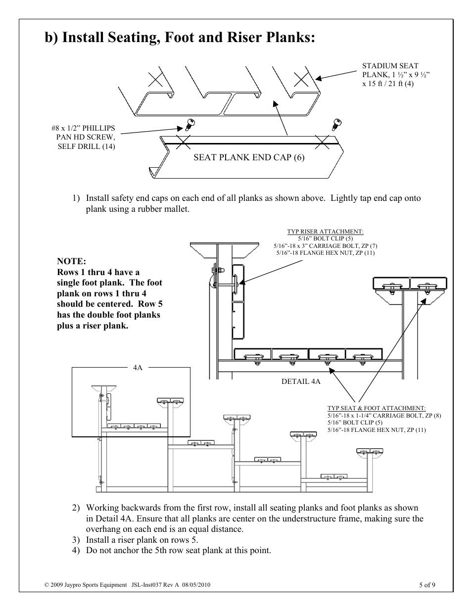 B) install seating, foot and riser planks | Jaypro Sports BLCH-521GR User Manual | Page 5 / 9