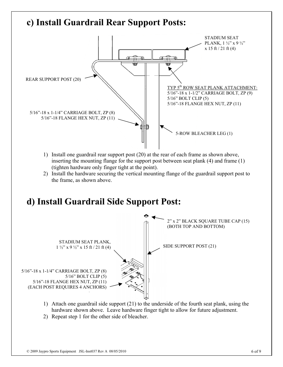 C) install guardrail rear support posts, D) install guardrail side support post | Jaypro Sports BLCH-521GR User Manual | Page 6 / 9