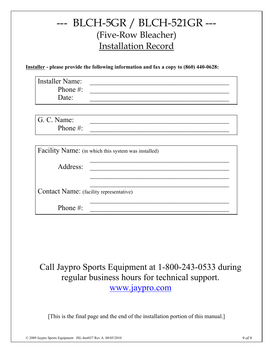 Blch-5gr / blch-521gr, Five-row bleacher), Installation record | Jaypro Sports BLCH-521GR User Manual | Page 9 / 9