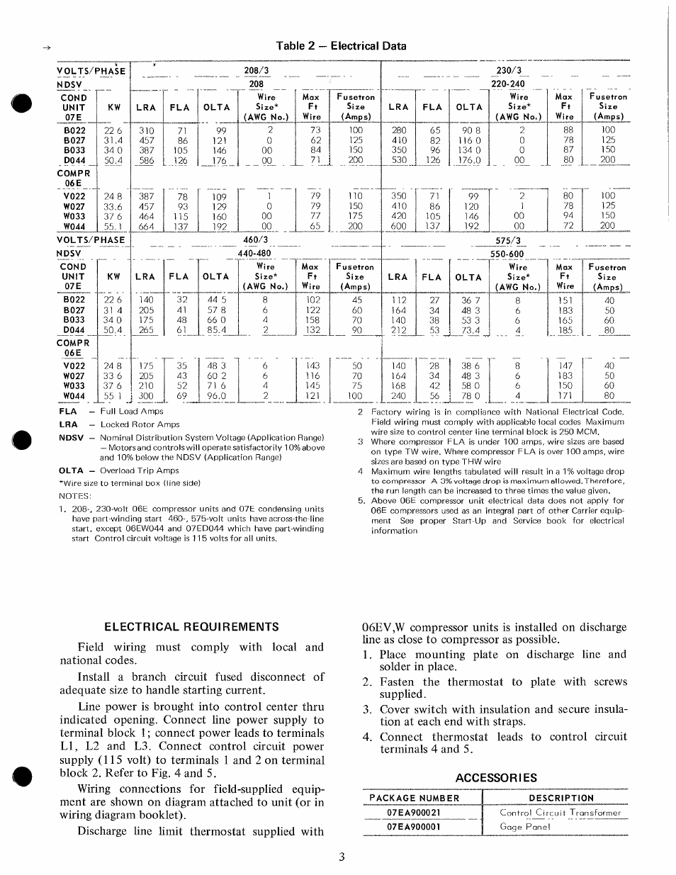 Table 2 — electrical data, Electrical requirements, Accessories | Carrier 07E User Manual | Page 3 / 16