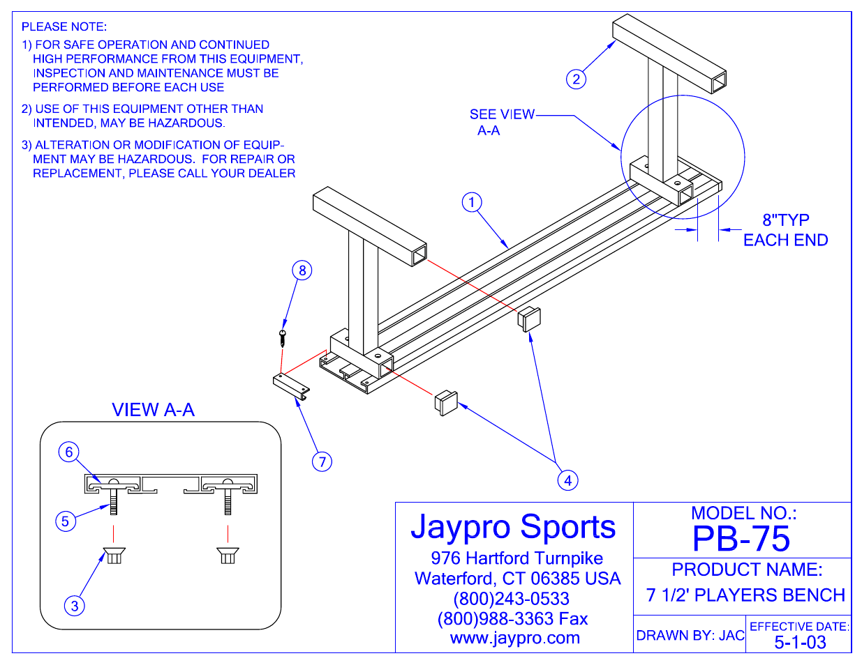 Jaypro Sports PB-75 User Manual | 2 pages