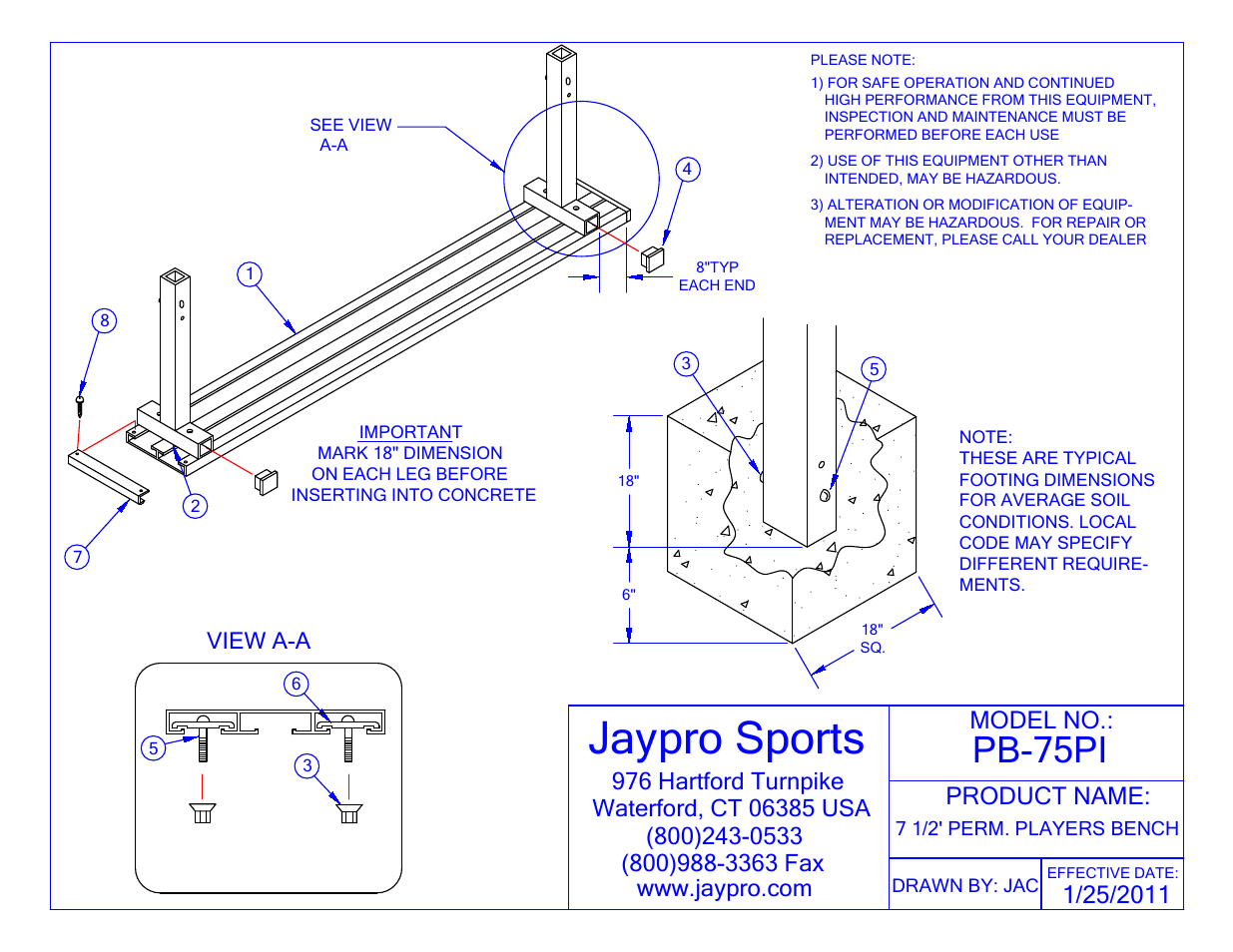 Jaypro Sports PB-75PI User Manual | 2 pages