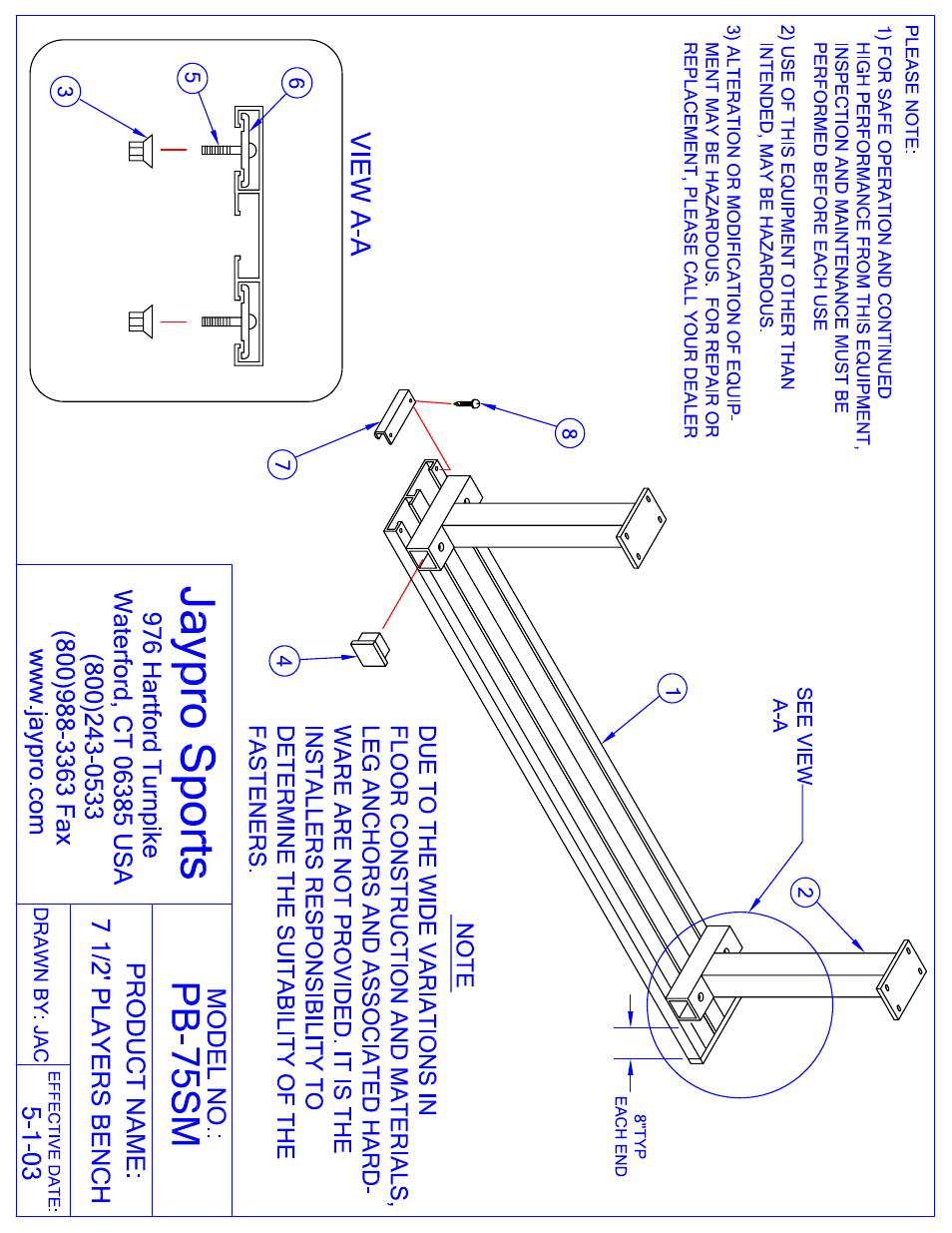 Jaypro Sports PB-75SM User Manual | 2 pages