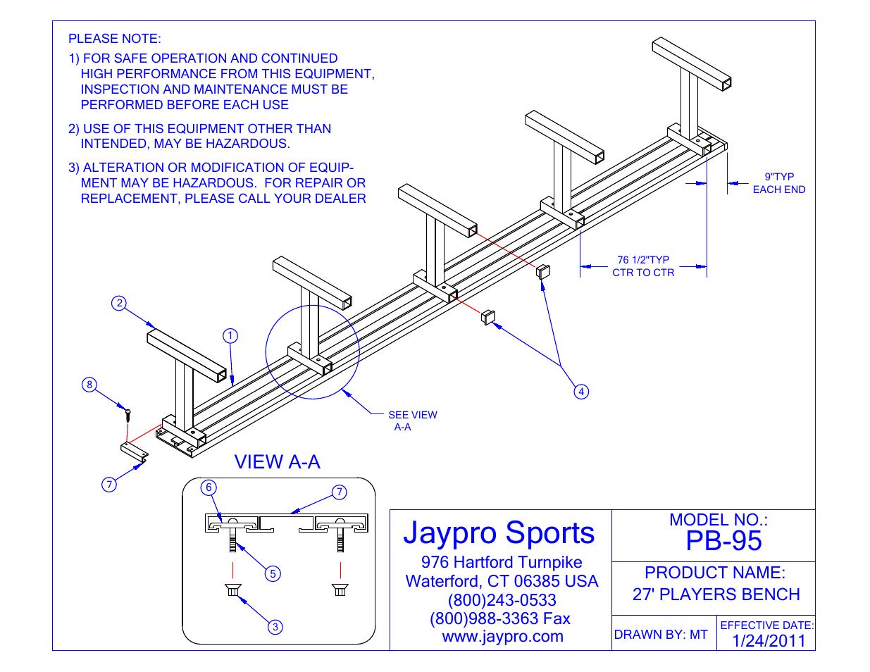 Jaypro Sports PB-95 User Manual | 2 pages