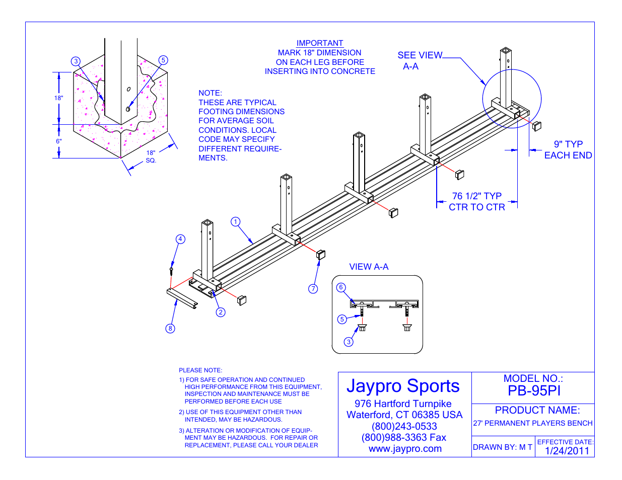 Jaypro Sports PB-95PI User Manual | 2 pages
