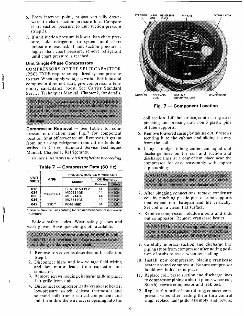 Fig. 7 — component location, Caution: aíuíiwíusííj ititsing, Ir? uiüí | Oil líífesííg of damage may result, Have ftm extiugaisfeef âïtdior qtjieucbifig, 1 ""tm, H m&á | Carrier 380B User Manual | Page 9 / 18