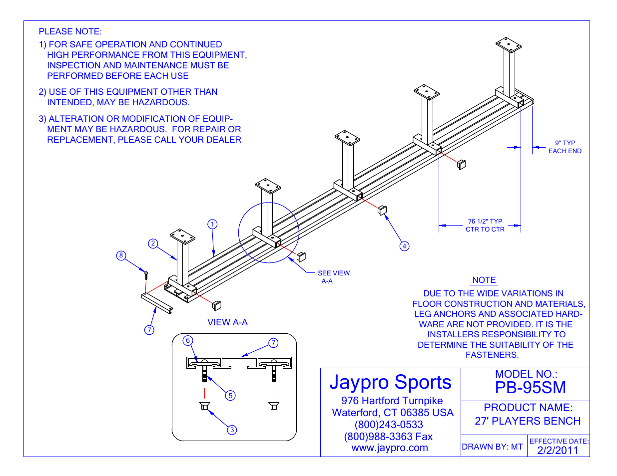 Jaypro Sports PB-95SM User Manual | 2 pages