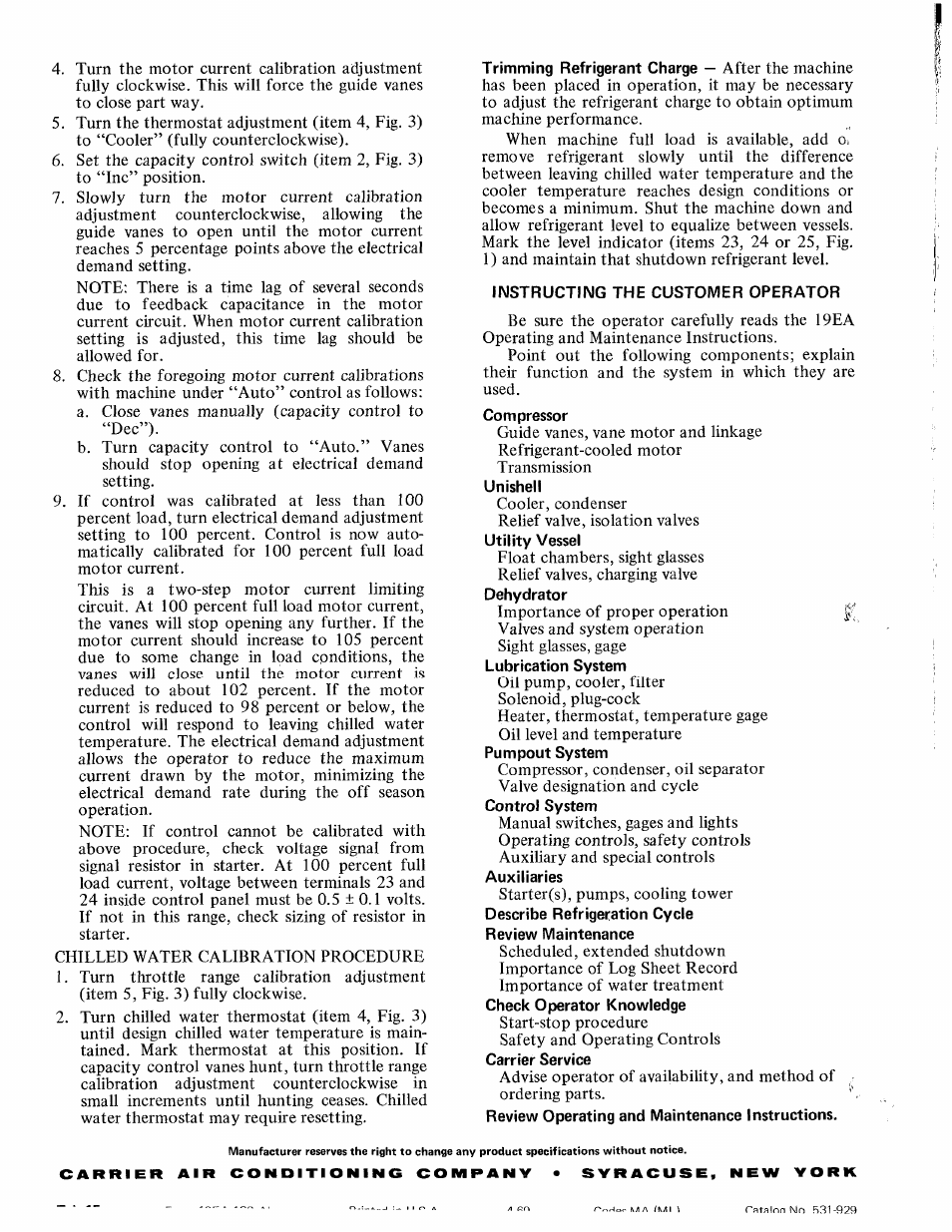 Iimstructiimg the customer operator | Carrier 19EA User Manual | Page 8 / 8