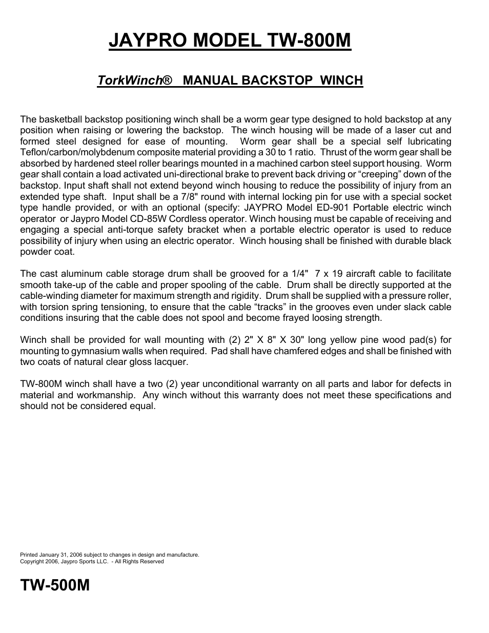 Jaypro model tw-800m, Tw-500m, Torkwinch ® manual backstop winch | Jaypro Sports TW-800M User Manual | Page 2 / 2