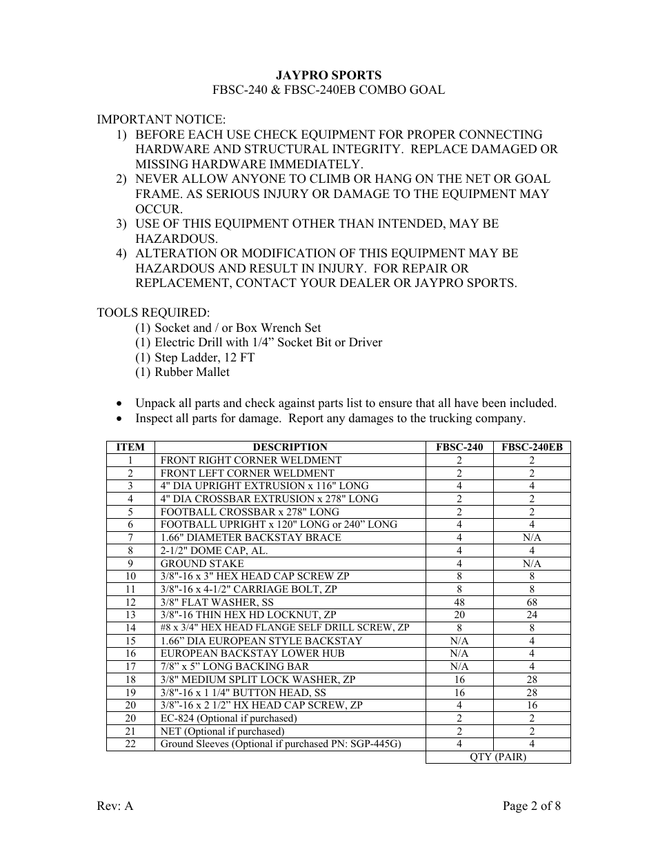 Jaypro Sports FBSC-240EB User Manual | Page 2 / 8