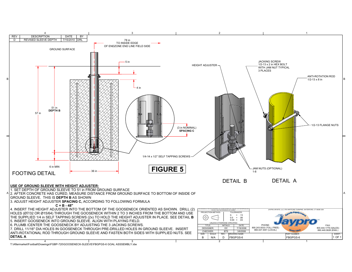 Figure 5, Detail a detail b, Footing detail | Jaypro Sports FBGP-720 User Manual | Page 11 / 12