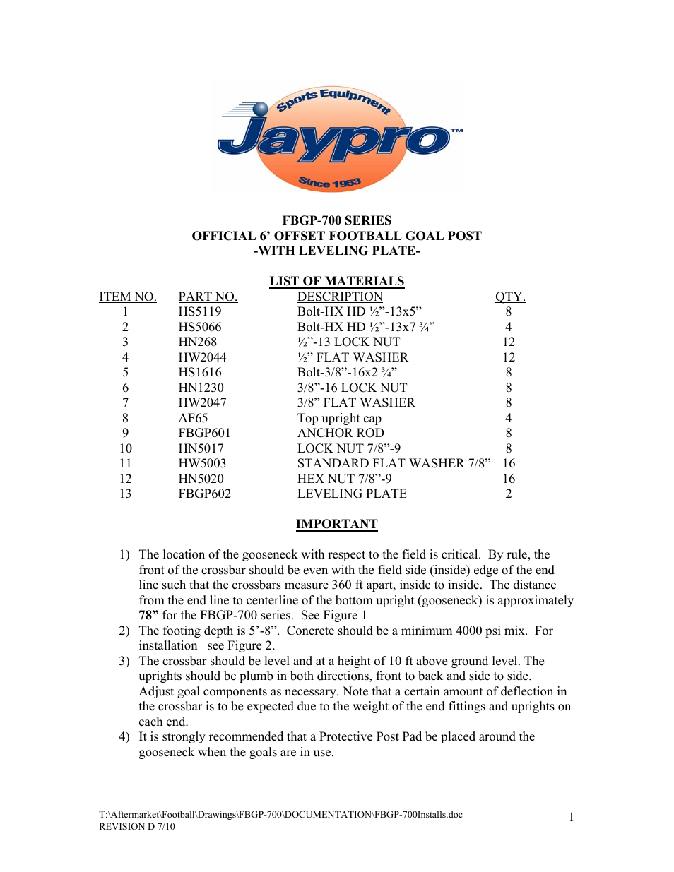 Jaypro Sports FBGP-700C User Manual | Page 2 / 11