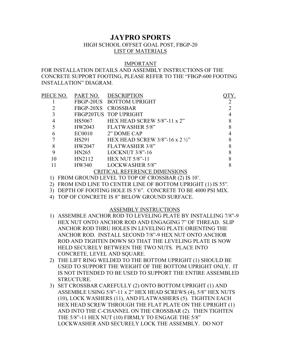 Jaypro sports | Jaypro Sports FBGP-20 User Manual | Page 2 / 3